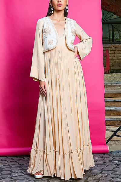 Apricot embroidered waistcoat and anarkali set