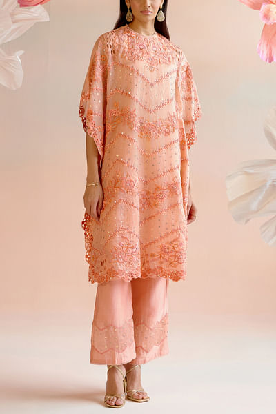 Apricot floral embroidered kaftan set
