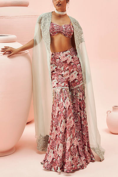Aqua and Pink floral printed gharara and cape set