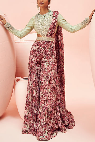 Aqua and Pink floral printed palazzo sari set