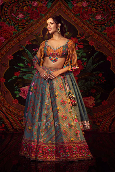 Aqua and yellow floral printed lehenga set