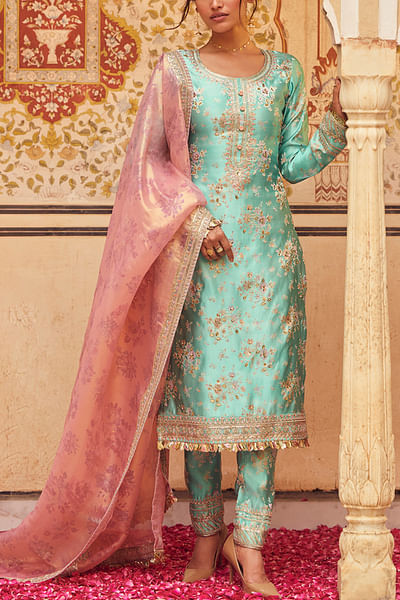 Aqua blue brocade kurta set