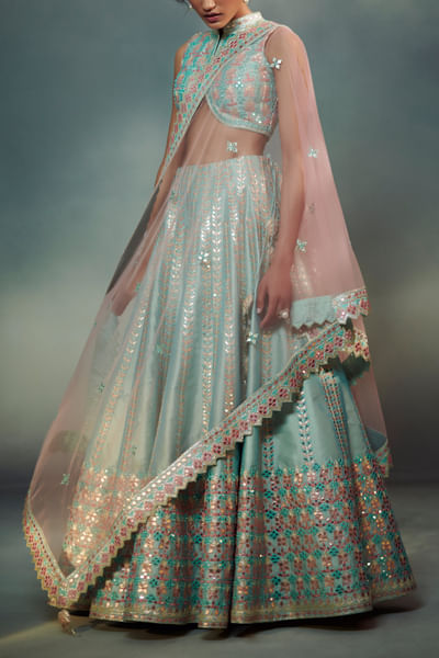 Aqua blue gota embroidered lehenga set
