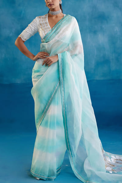 Aqua blue leheriya shaded sari set