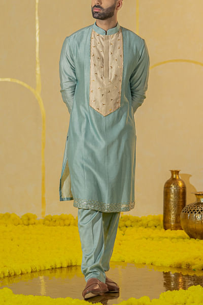 Aqua blue mirror embellished kurta set