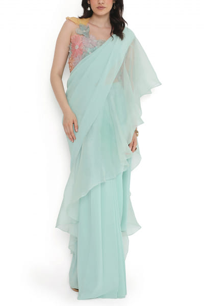 Aqua blue ruffled pre-stitched sari set