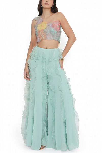 Aqua blue ruffled sharara set