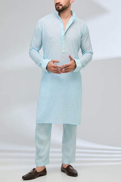 Aqua blue sequin and bead work kurta set