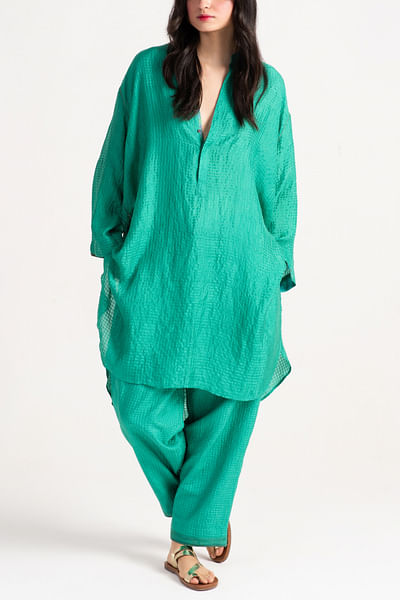 Aqua checkered woven kurta