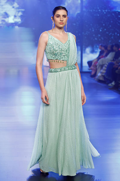 Aqua cutdana embroidered pre-draped sari set