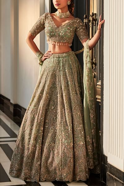 Aqua floral and paisley embroidery lehenga set