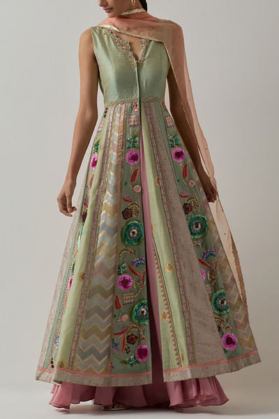 Aqua floral embellished woven anarkali jacket set