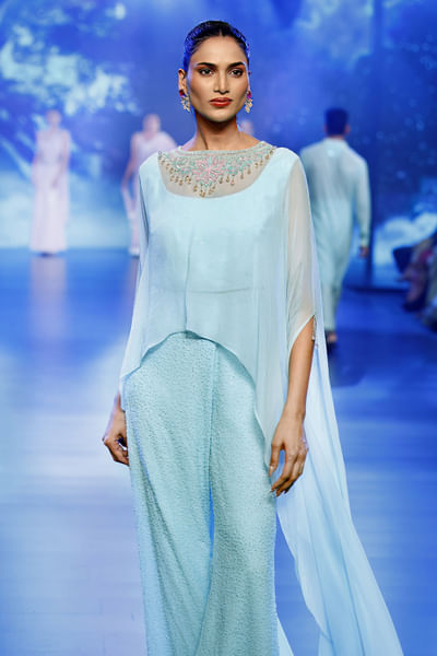 Aqua floral embroidered cape set