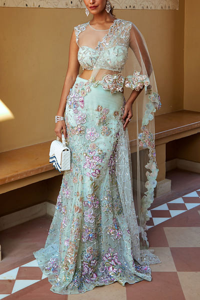 Aqua floral embroidered pre-draped sari set