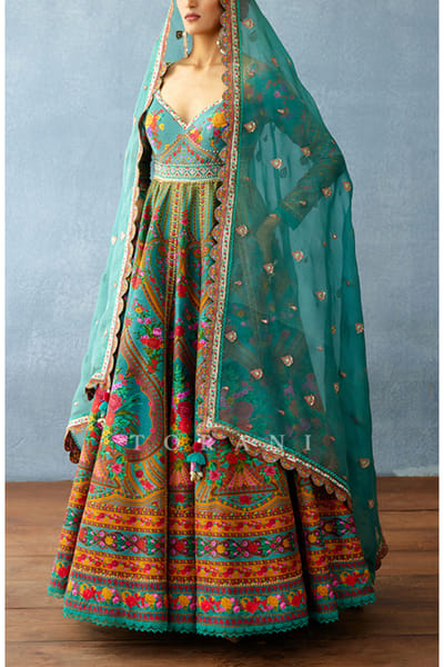 Aqua floral printed anarkali set