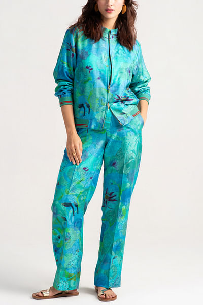 Aqua floral printed bomber jacket