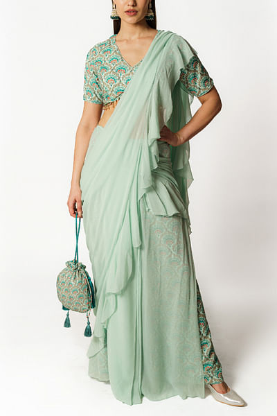 Aqua floral printed frilled palazzo sari set