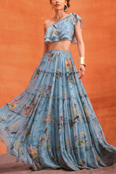Aqua floral printed tiered skirt set