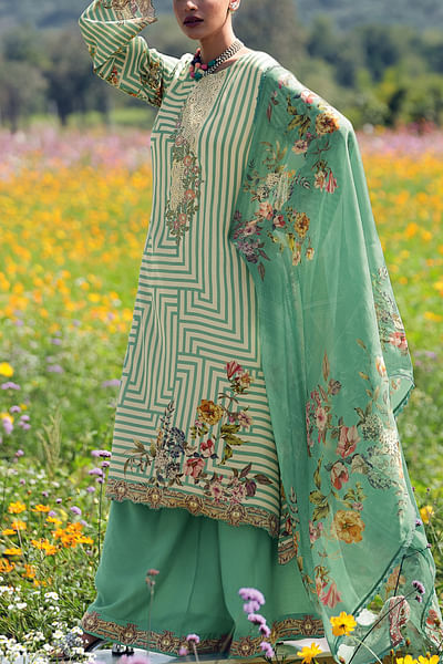 Aqua green geometric and floral print kurta set