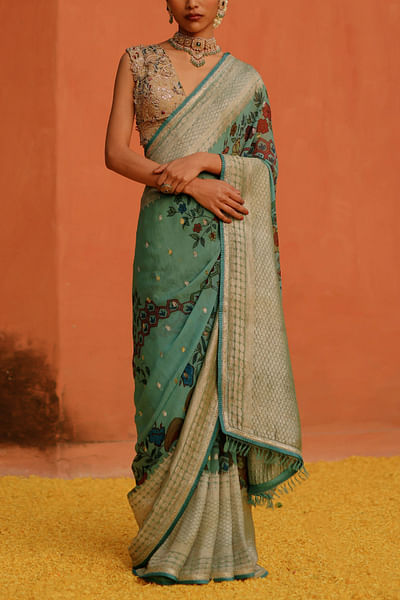 Aqua kalamkari hand painted sari set