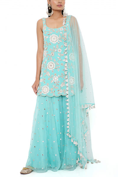 Aqua mirror embroidered sharara set