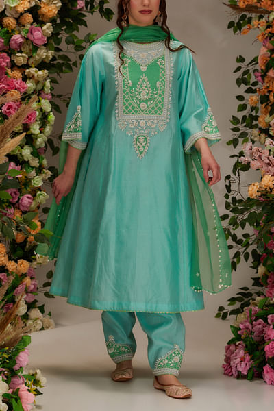 Aqua pearl and sequin embellished kurta set