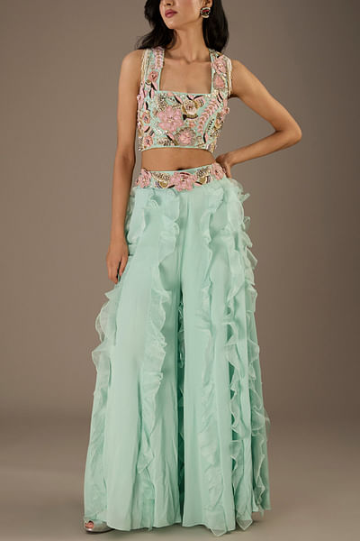 Aqua ruffled sharara set