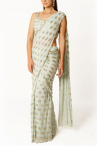 Aqua sequin embroidered pre-stitched sari set