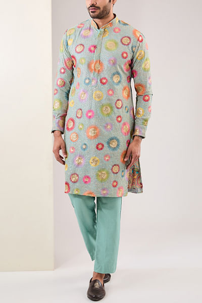 Aqua sequinned embroidered kurta set