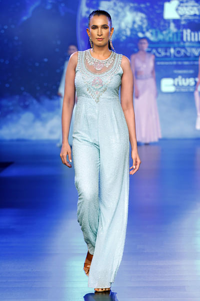 Aqua sequins embroidered jumpsuit
