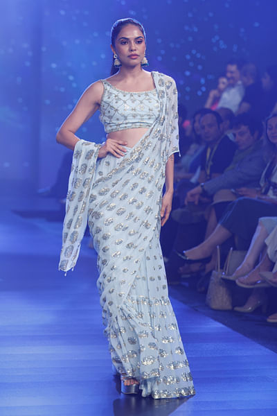 Aqua sequins embroidered pre-draped sari set