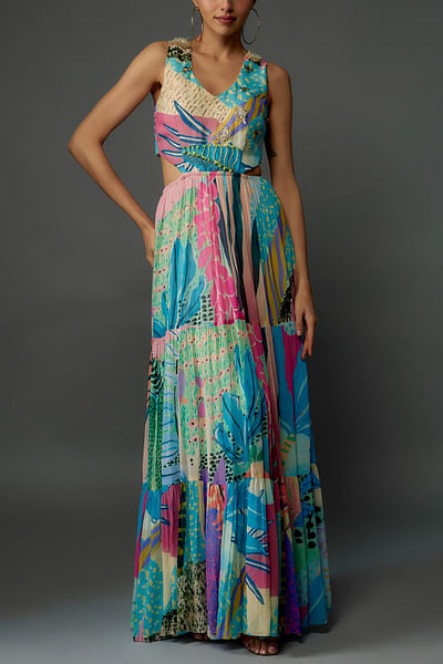 Aqua tropical printed dress