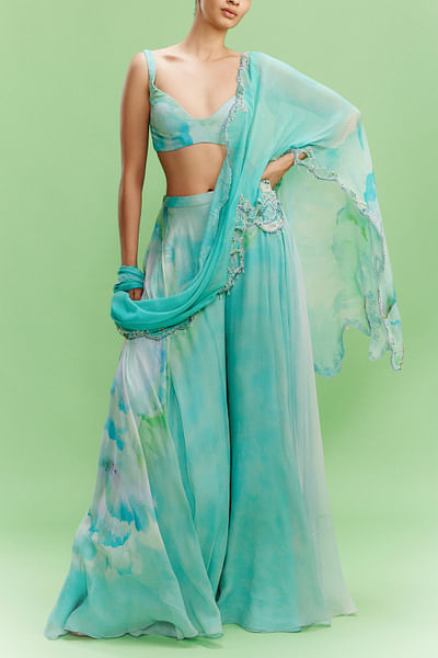 Aqua watercolour floral printed sharara set
