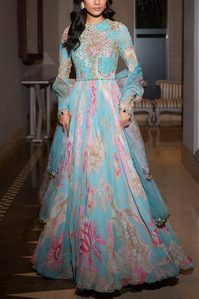 Aquamarine floral printed anarkali set