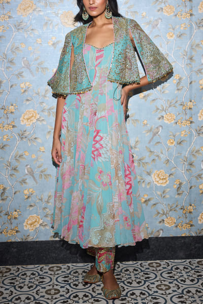 Aquamarine floral printed short anarkali set