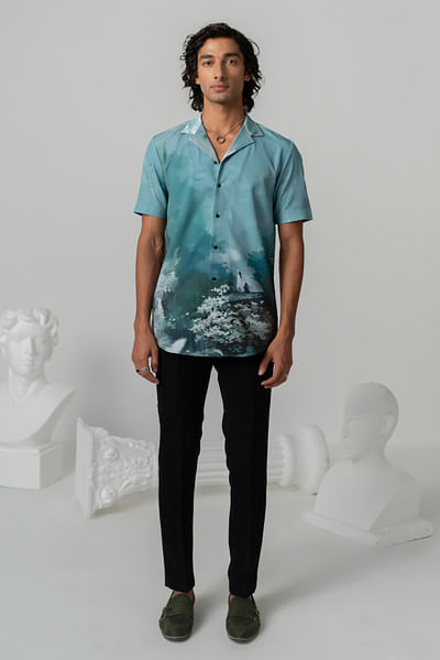 Aquamarine sakura print shirt