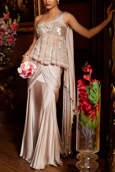 Arain silver pre-draped chiffon sari set