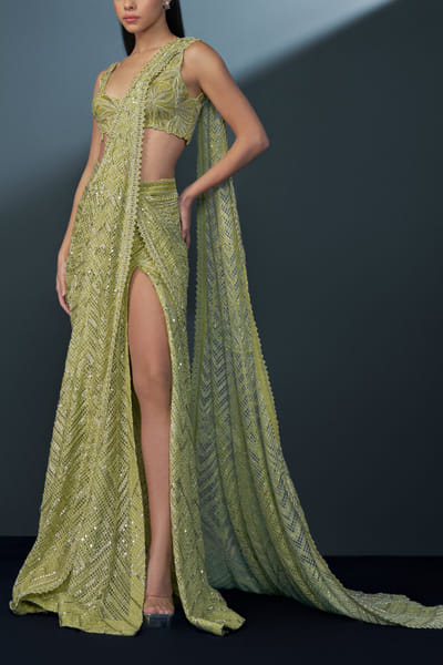 Arctic lime aztec embellished draped sari set
