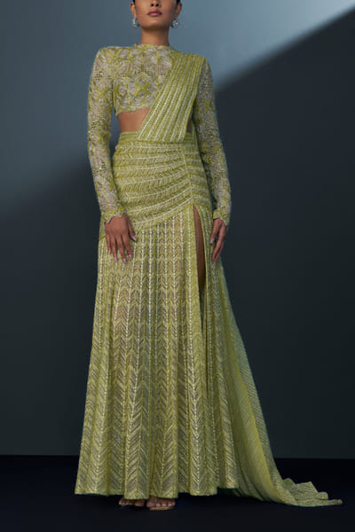 Arctic lime chevron embellished draped sari set