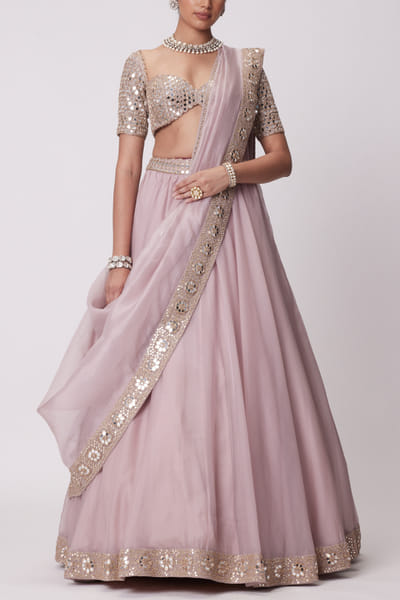 Vvani by Vani Vats Ash pink floral mirror embroidered lehenga set VVAMAY24D120
