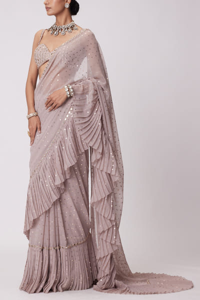 Vvani by Vani Vats Ash pink mirror embroidered frill sari set VVAMAY24D121