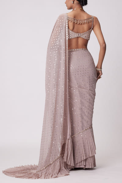 Vvani by Vani Vats Ash pink mirror embroidered frill sari set VVAMAY24D121
