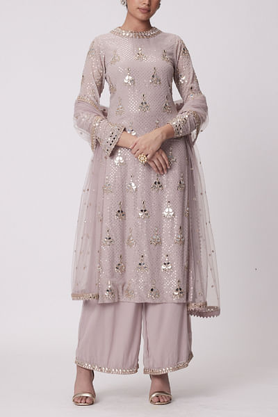 Ash pink sequin and mirror work kurta set