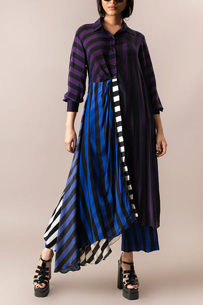 Aubergine and cobalt stripe printed co-ords