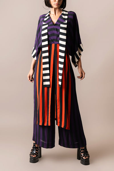 Aubergine and tangerine stripe printed co-ords