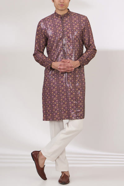 Aubergine artisanal print sequinned kurta set