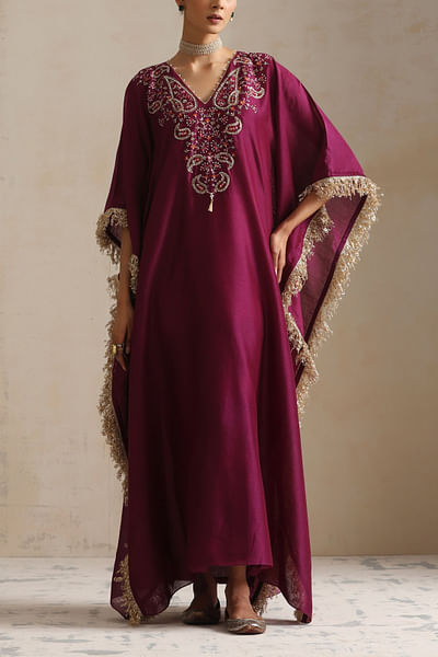 Aubergine paisley embroidered fringed kaftan