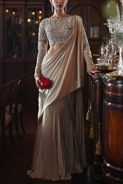 Aureate gold pre-draped chiffon sari set
