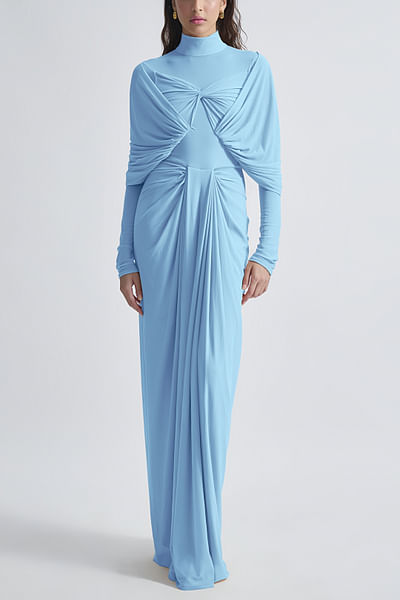 Baby blue draped high-neck gown