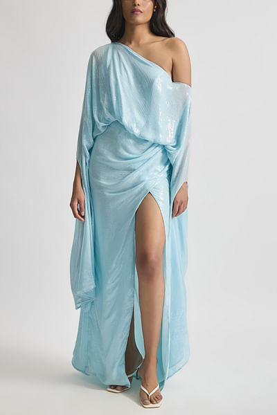 Baby blue sequinned draped one-shoulder gown